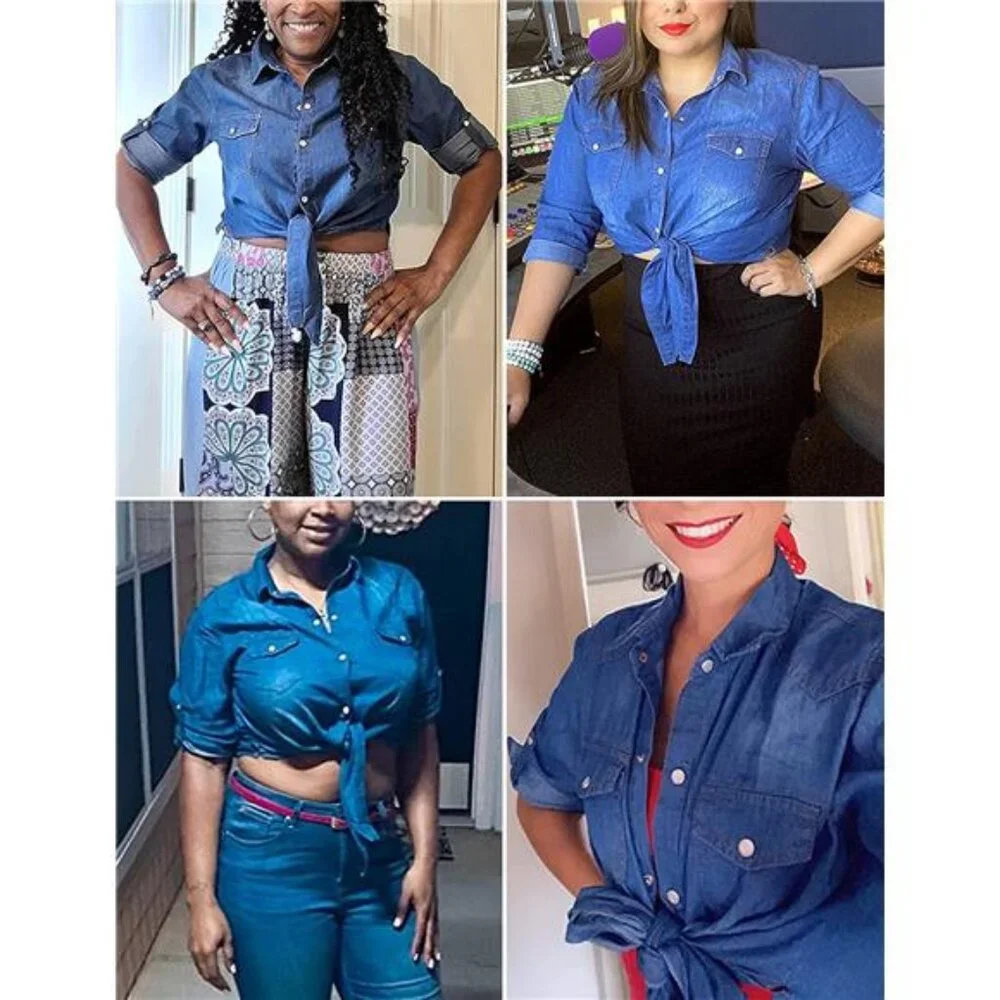 Women's Denim Crop Top Roll Up 3/4 Sleeve Shirt Tie Front Knot Chambra - Picture 6 of 7